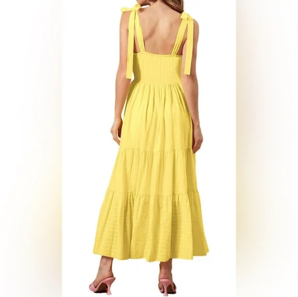 $89 Retail Bohemian style yellow smocked shoulder tie dress - Picture 2 of 2